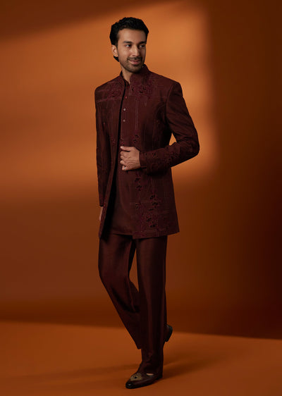 Wine Viscose Silk Resham Embroidered Indo Western Set