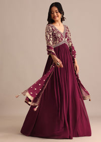 Wine Embroidered Georgette Anarkali Suit