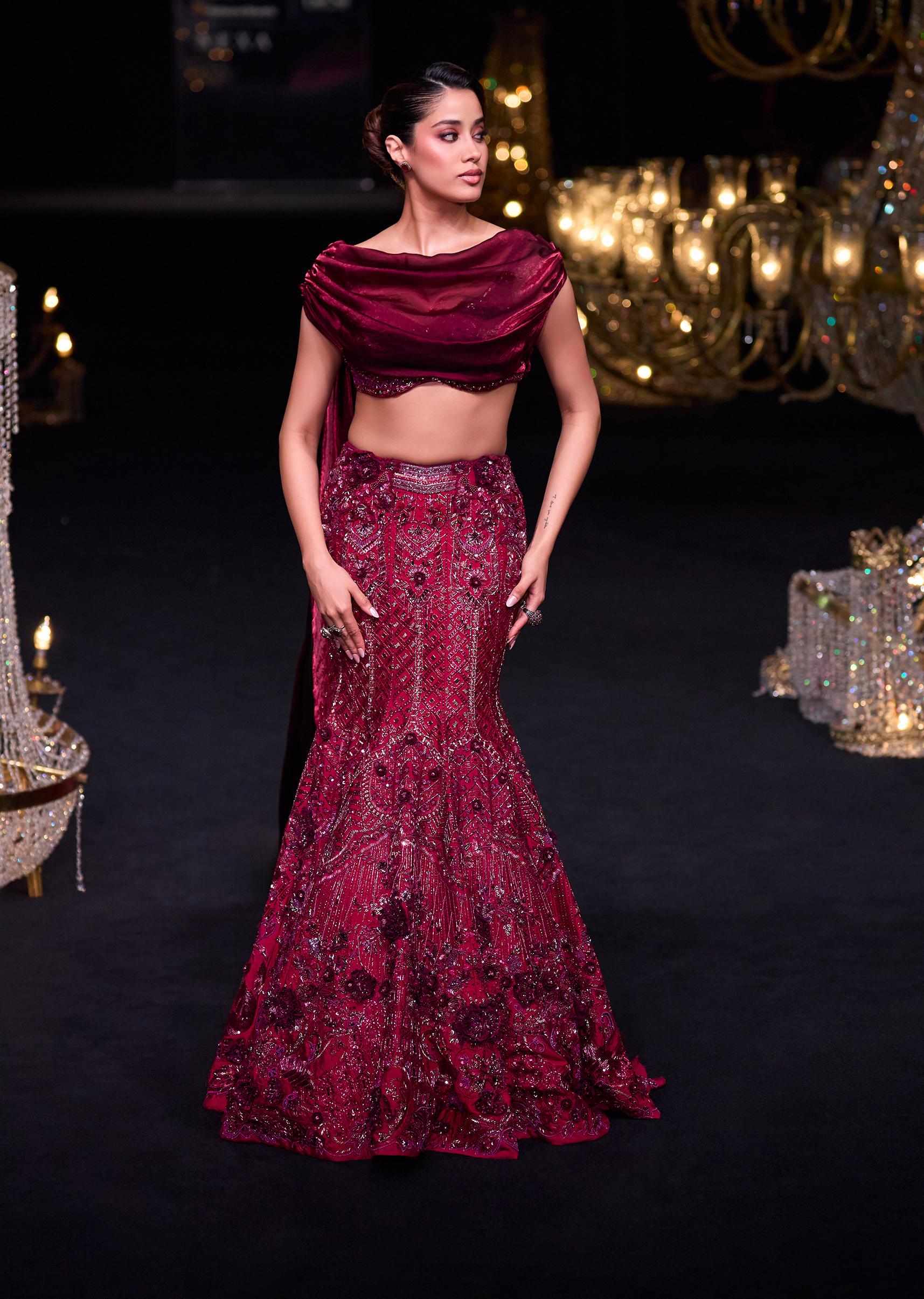 Buy Janvhi Kapoor in our Fish Cut Jewel Lehenga With Draped Trail