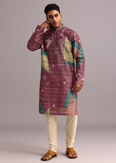wine tussar silk printed kurta set-sg254152 5