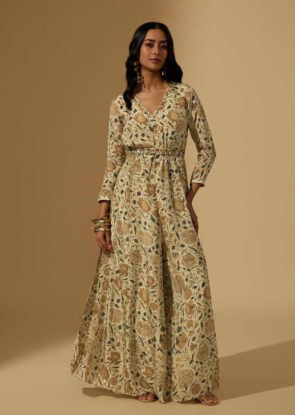 Yellow Chinon Floral Printed Jumpsuit With Belt