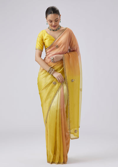 Yellow Crushed Tissue Saree With Kundan Embroidery