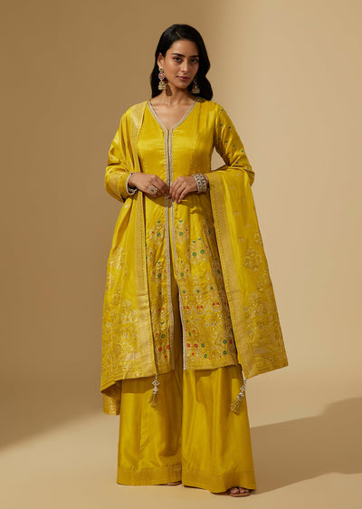 Yellow Dola Silk Anarkali Suit Set With Cut Dana And Moti Work
