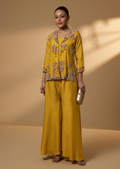 Yellow Dola Silk Crop Top Palazzo Set With Embroidered Jacket