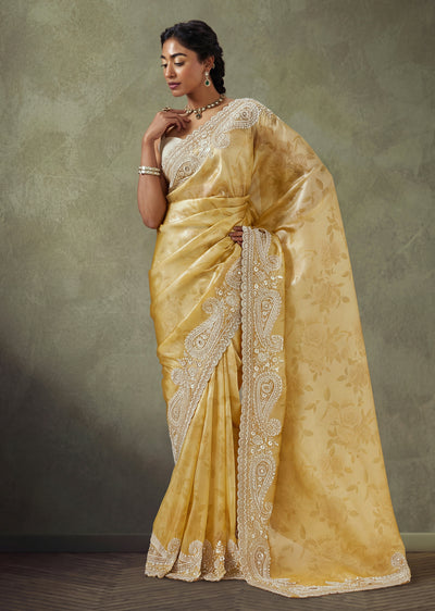 Yellow Jacquard Saree With Cut Dana And Sequin Embellished Border