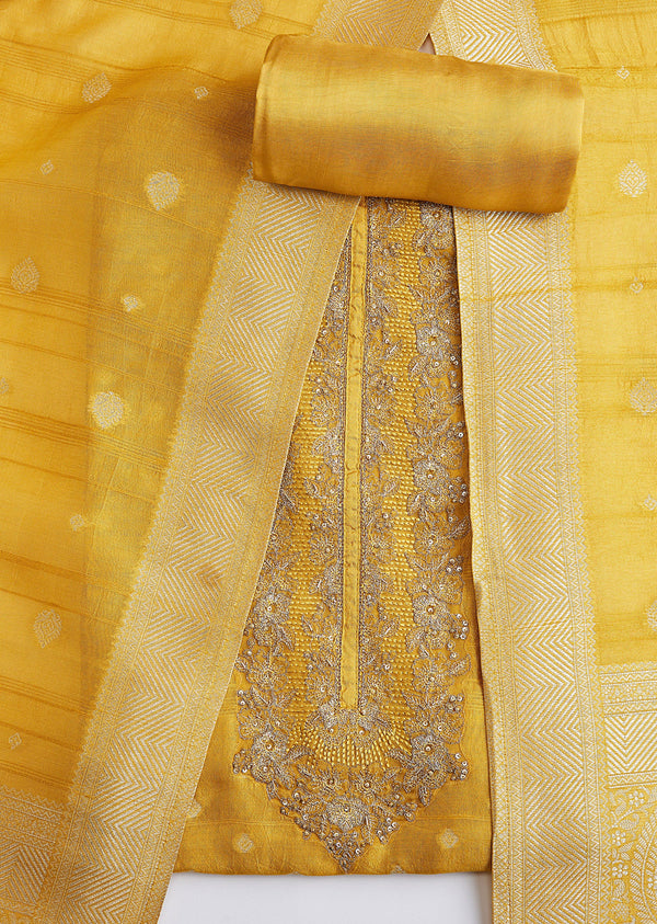 Yellow Tissue Brocade Dress Material Set