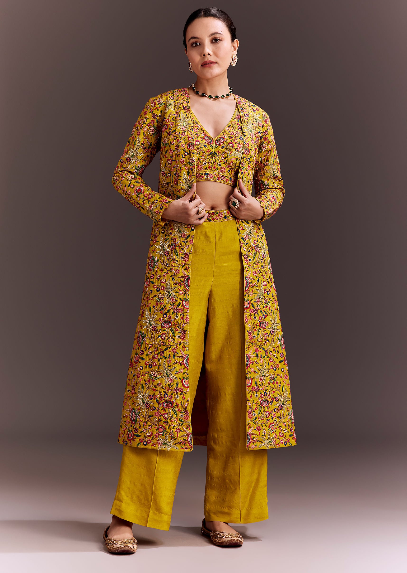 Yellow Embroidered Crop Top And Pant Set With Long Jacket KALKI