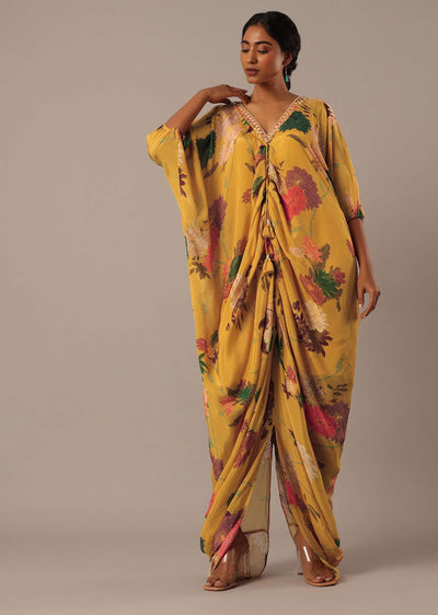 yellow kaftan style kurta set with floral prints-sg196099 2