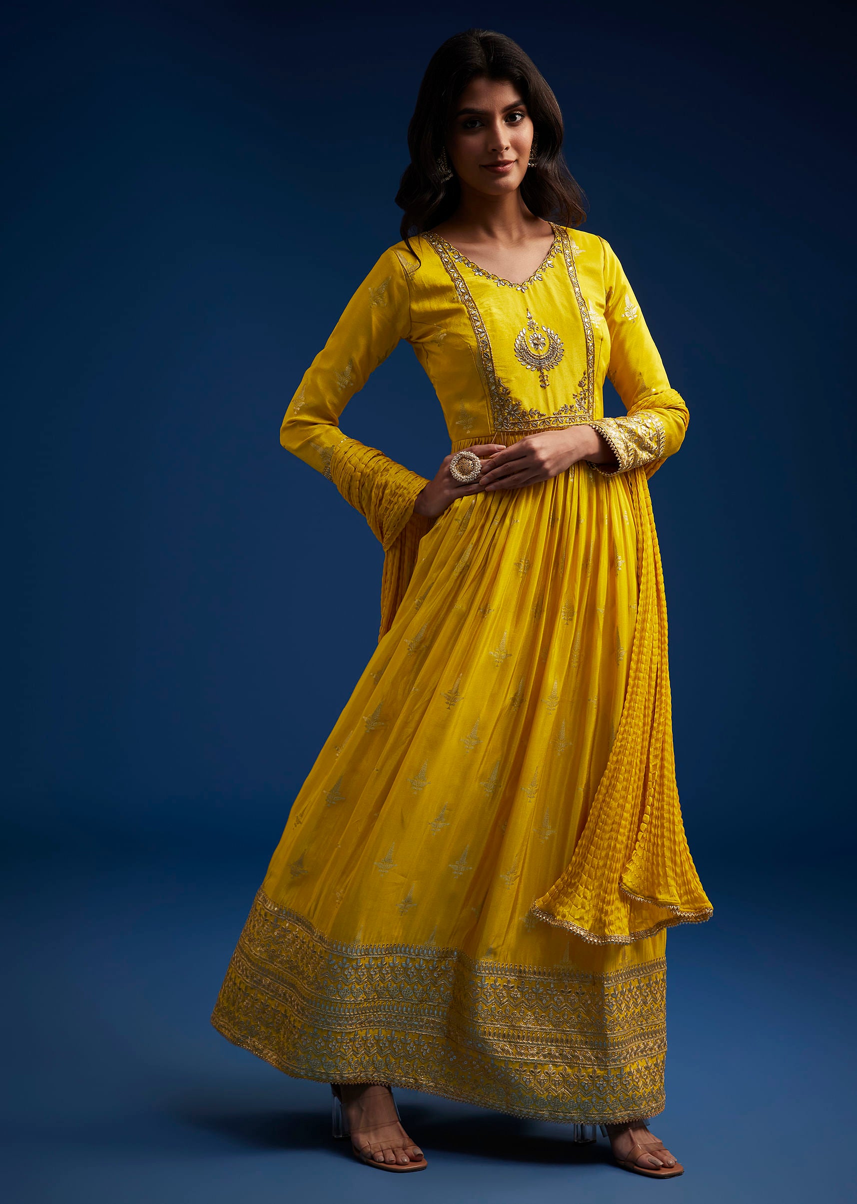 Yellow Tissue Anarkali Set With Gotta Work KALKI Fashion India