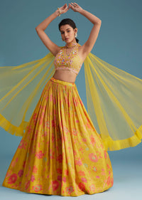Yellow Tissue Silk Lehenga Set With Floral Print And Embroidery