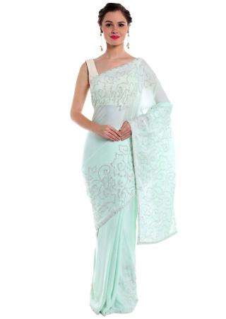 Ice blue satin saree studded with glittering kundan  only on Kalki - KALKI Fashion India