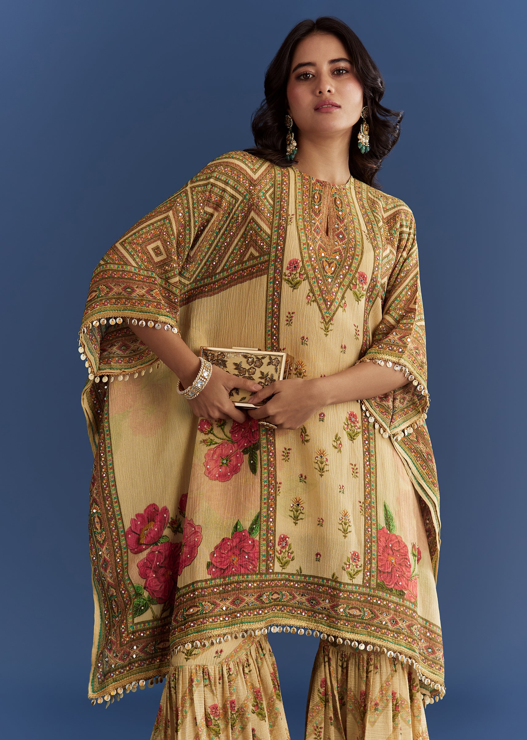 Beige Crush Tissue Floral Printed Kaftaan Sharara With Mirror Sequins Work