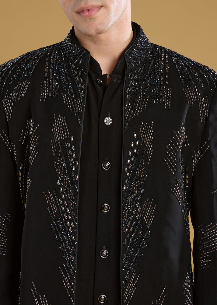 Black Indo Western Set For Men With Zardosi Embroidery