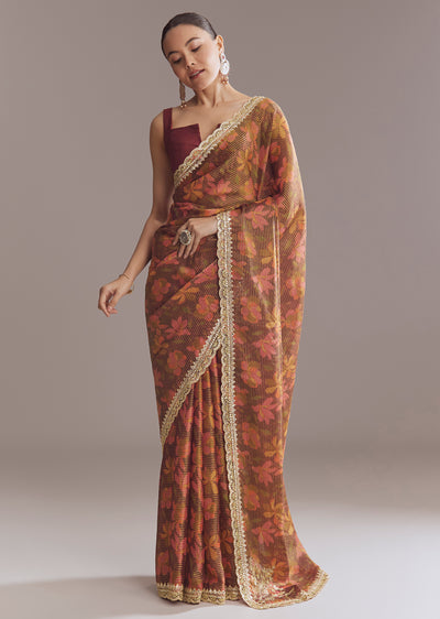 BrownPrintedTissueLurexSareeWithZariMirrorAndCutdana-SG314477-4 8