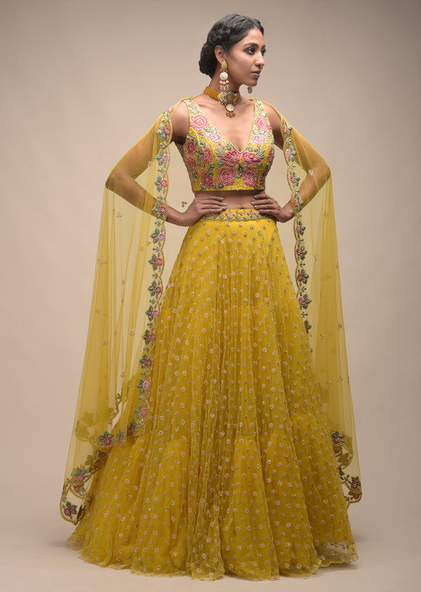 Citrus Lehenga And Crop Top With Resham Embroidered Spring Blossoms