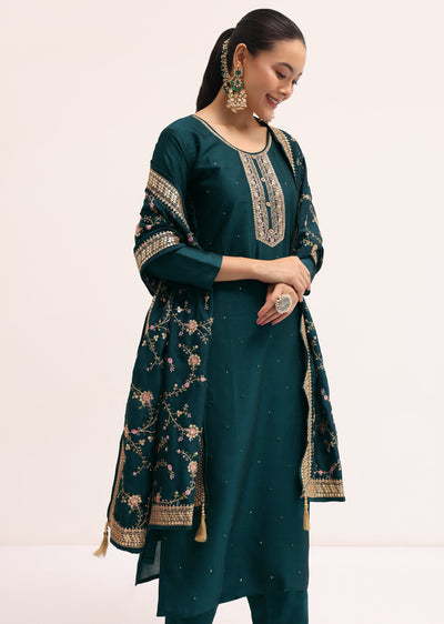 Dark Green Silk Kurta Set With Dupatta