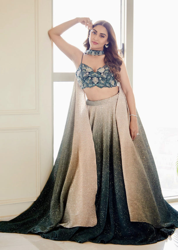 Deep Green Ombre And Gold Embroidered Lehenga Set With Sequins Embroidery