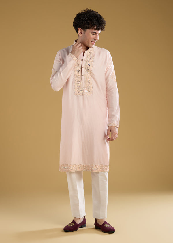 Light Pink Silk Mirror Threadwork Kurta Set