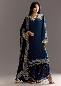 Navy Blue Crepe Moti Work Kurta With Printed Palazzo Dupatta