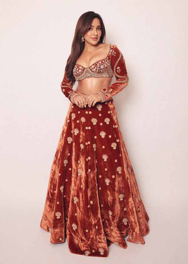 Rust Embroidered Velvet Lehenga And Blouse With Dupatta