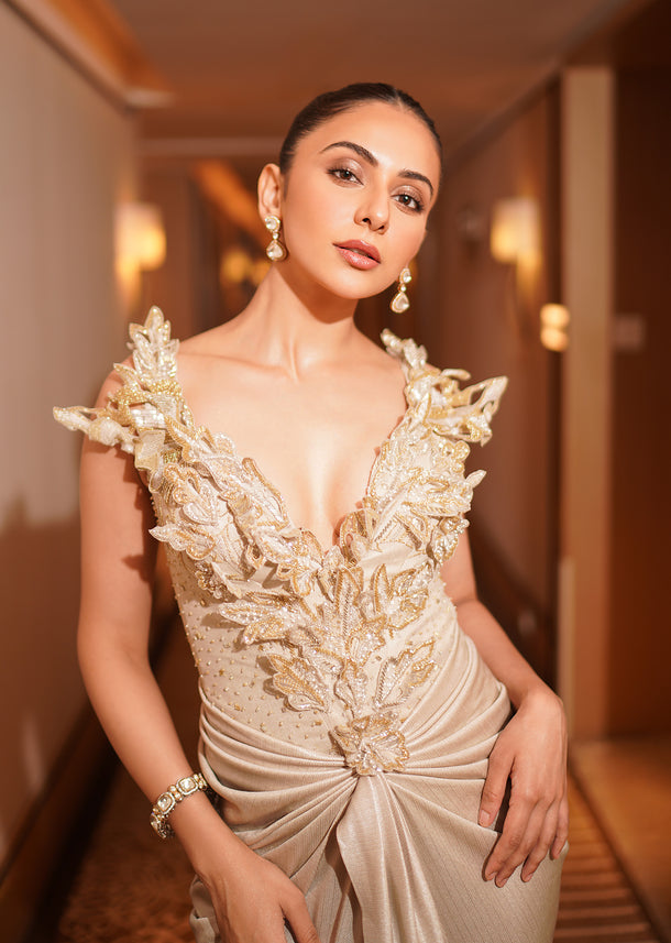 Rakul Preet in Kalki's Beige Dhoti Draped Gown In Art Silk With 3D Patchwork