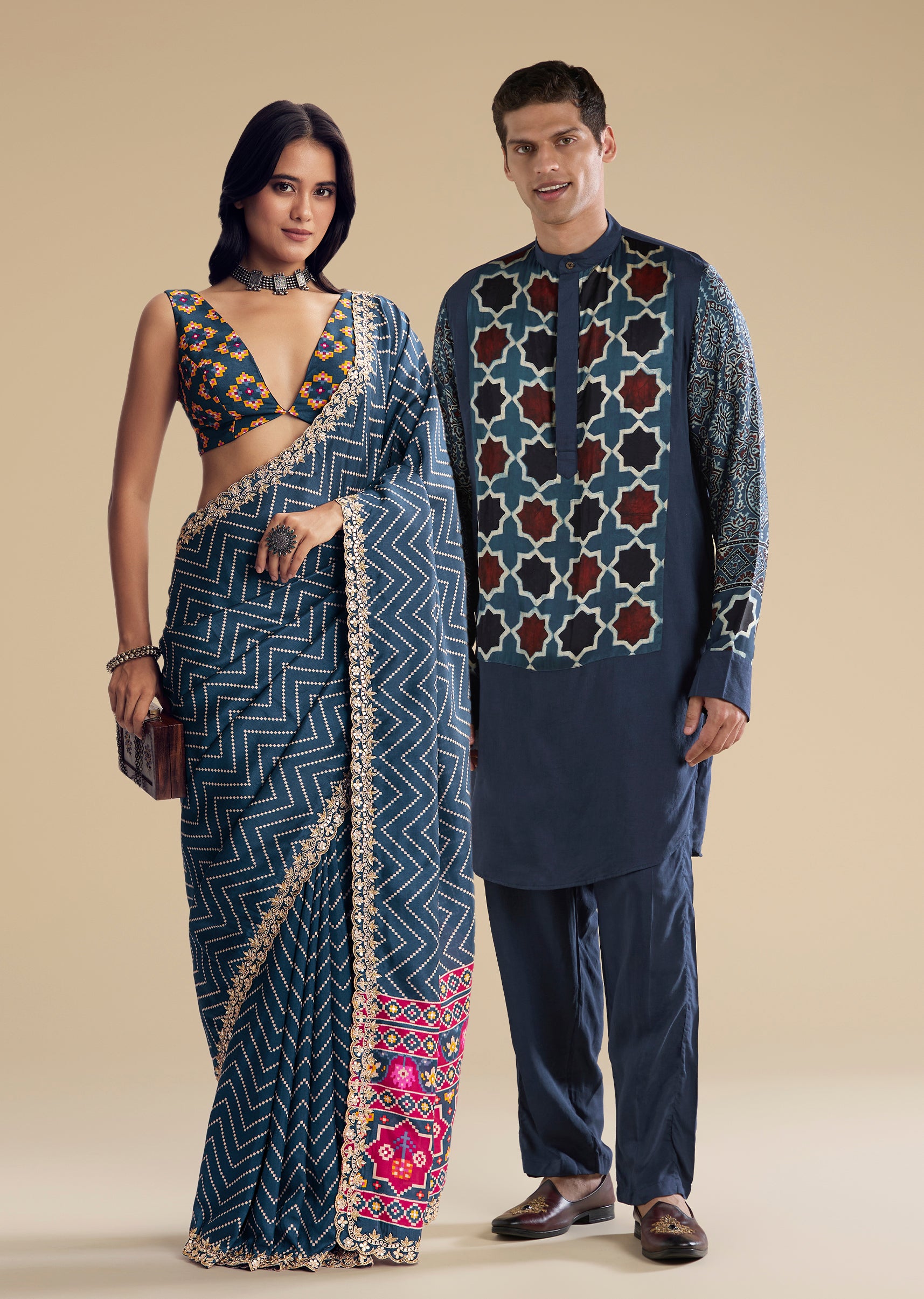 Indigo Heritage Couple Set – Navy Blue Ajrakh Saree For Her And Indigo Ajrakh Kurta Set For Him