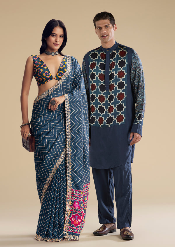 Indigo Heritage Couple Set – Navy Blue Ajrakh Saree For Her And Indigo Ajrakh Kurta Set For Him