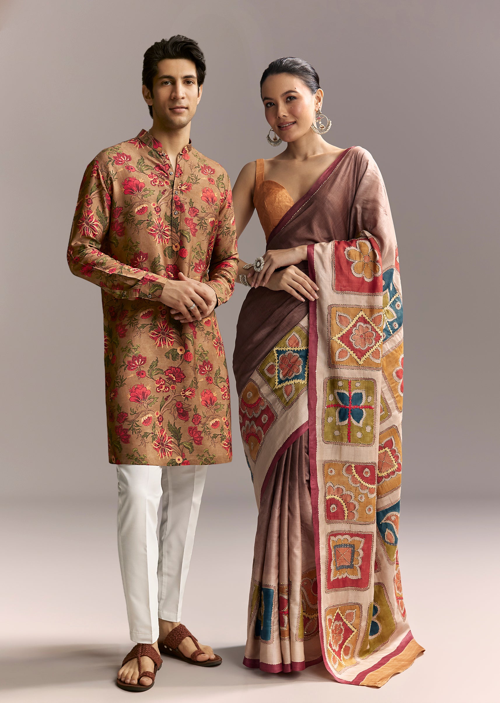 Earthy Artistic Couple Set – Brown Cotton Hand-Painted Saree With Contrast Border For Her And Brown Silk Kurta With Floral Print For Him