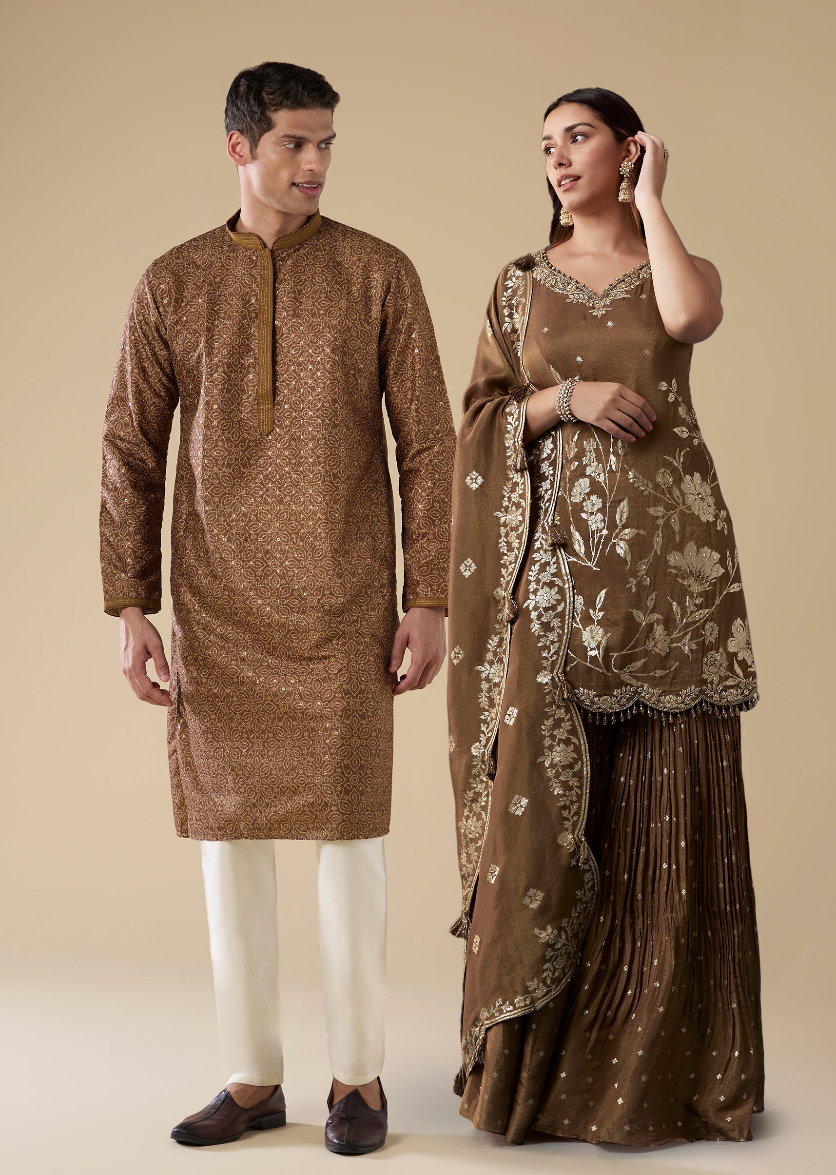 Rustic Brown Festive Pair – Jacquard Kurta Sharara Set For Her And Brown Casual Kurta Set For Him