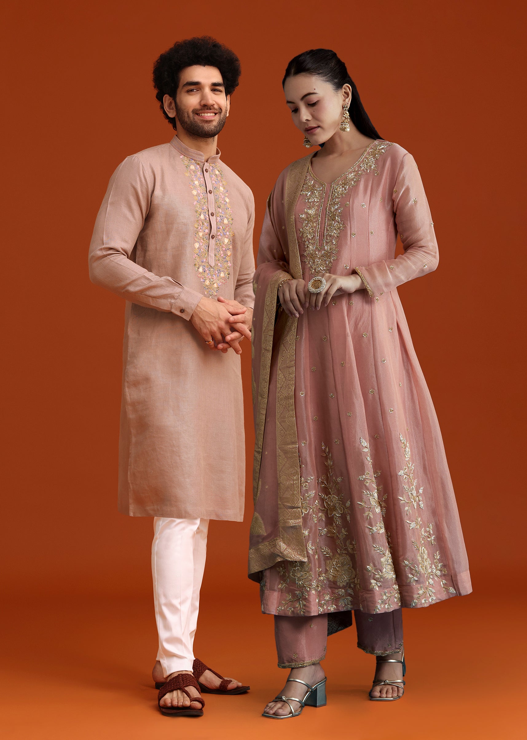 Rose Pink Grand Pairing – Tissue Anarkali With Zardozi Work For Her And Onion Pink Resham Embroidered Linen Kurta For Him
