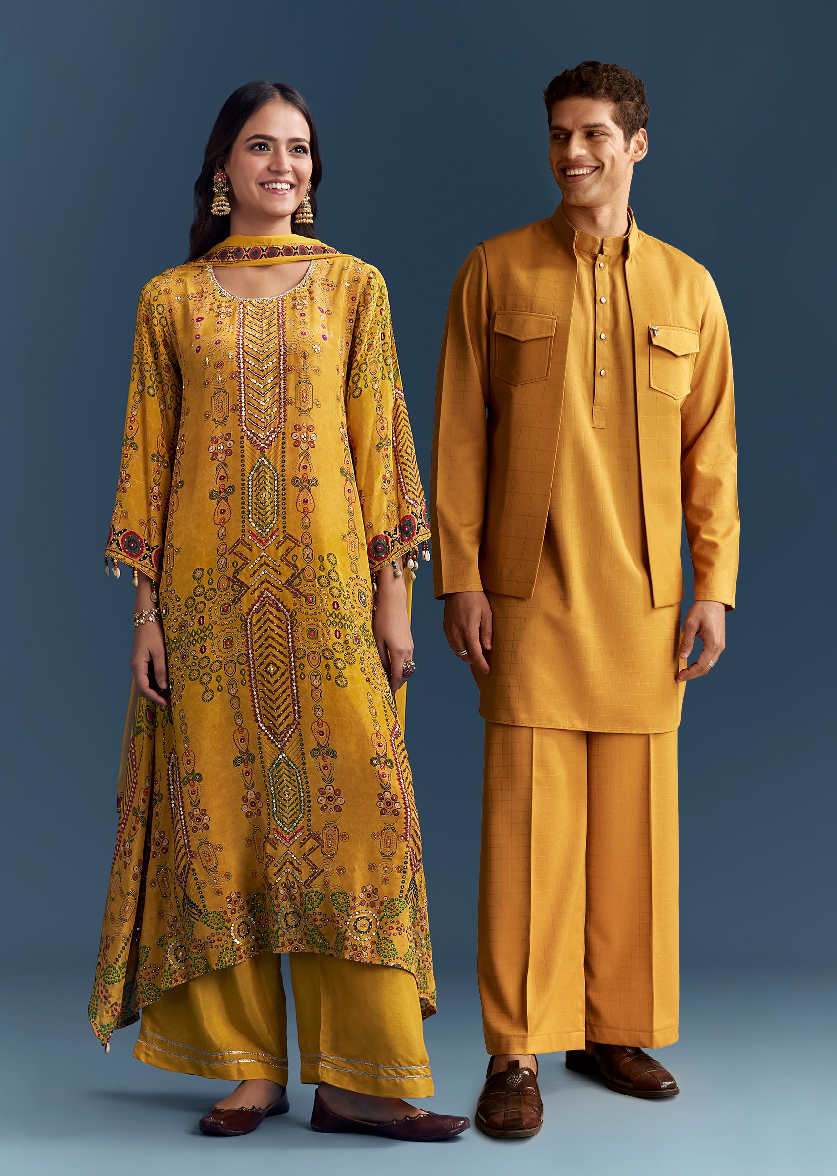 Sunshine Yellow Twin Ensemble – Crepe Sequin Kurta Set For Her And Yellow Kurta Jacket Set For Him