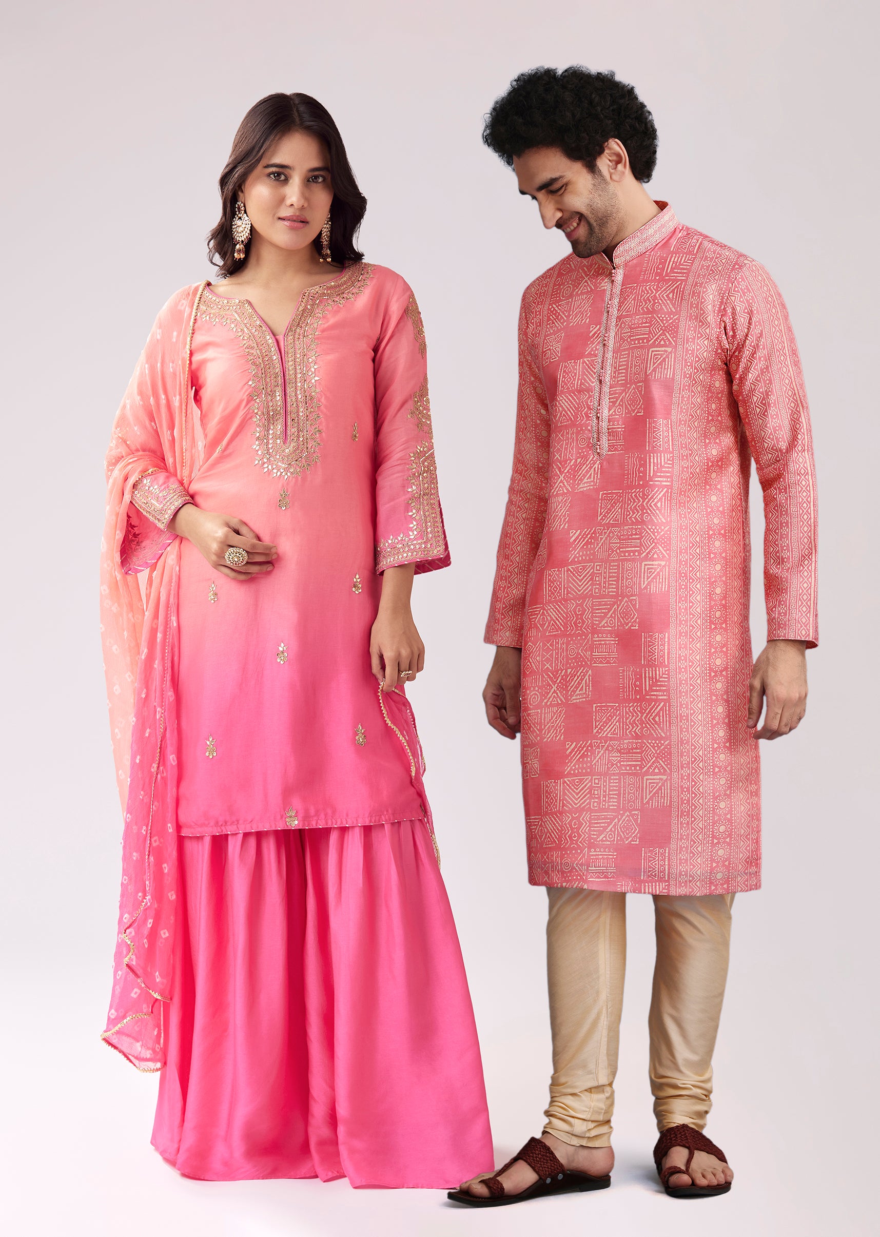 Blush Pink Twinning Ensemble – Gotta Work Sharara With Bandhani Dupatta For Her And Pink Silk Mandarin Collar Kurta For Him