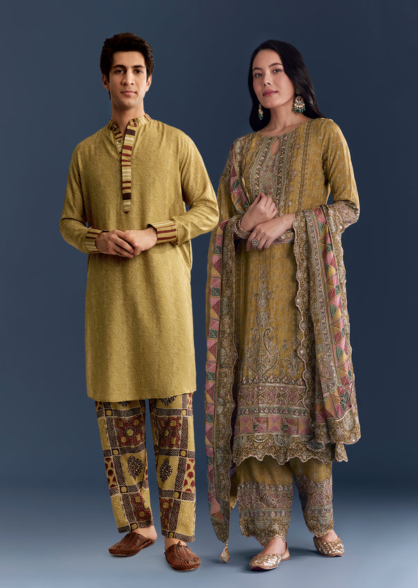 Mustard Ajrakh Cultural Pair – Indie Print Zari Kurta Set For Her And Yellow Linen Ajrakh Kurta Set For Him