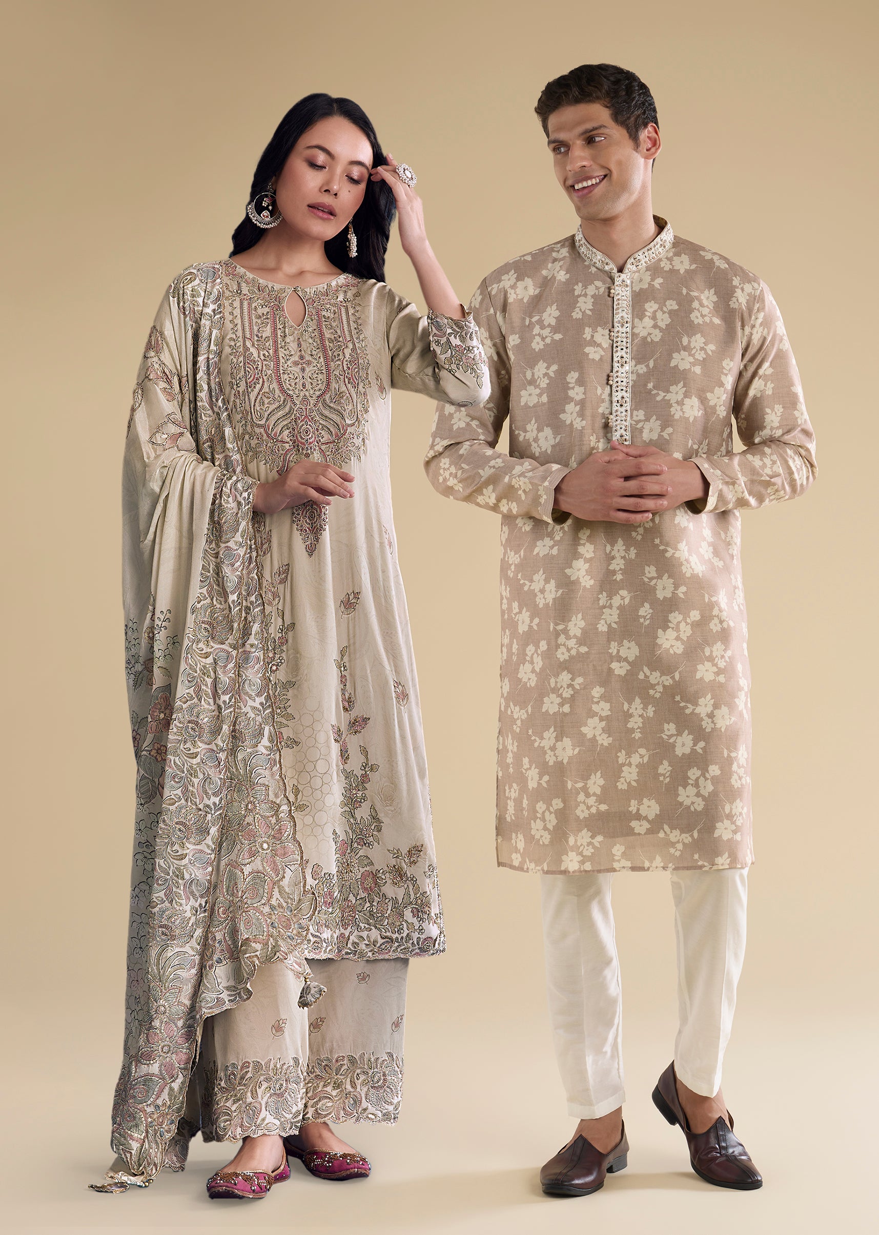 Beige Floral Coordinated Look – Crepe Zari Kurta Set For Her And Beige Embroidered Kurta Set For Him