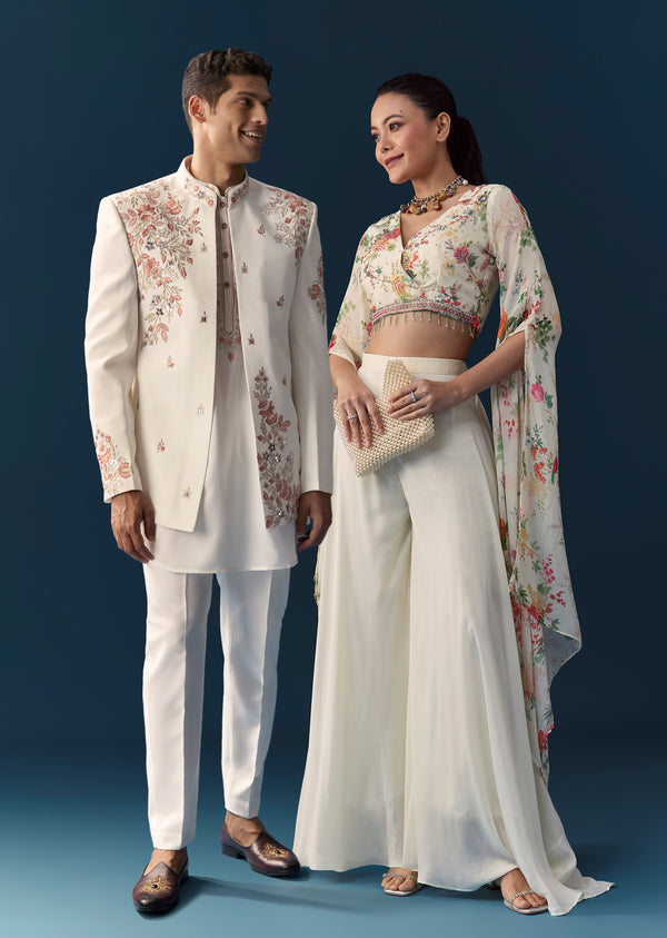 Soft Coordinated Couple Set – Off-White Floral Crop Top Palazzo Set With Cutdana For Her And Off-White Indo-Western Set With Hand Embroidery For Him