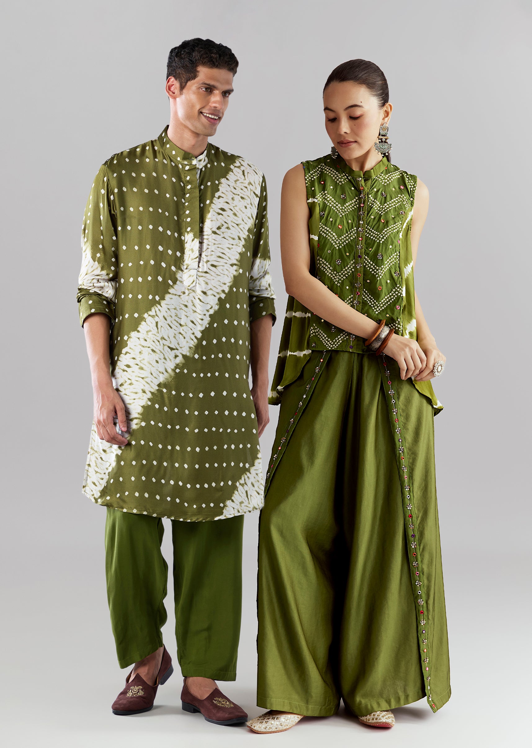 Vibrant Green Indo-Western Couple Set – Green Satin Indo-Western Set For Her And Green Bandhani Kurta Set For Him