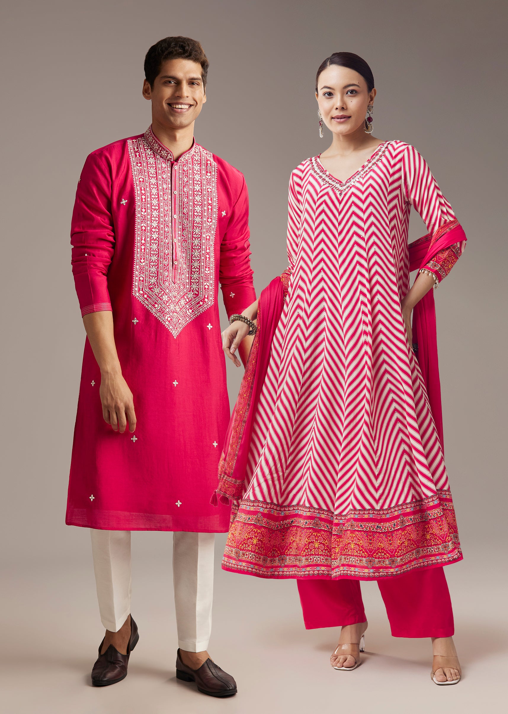 Romantic Bloom Couple Set – Pink Chevron Anarkali With Mirror Work For Her And Pink Silk Mirror Work Kurta Set For Him