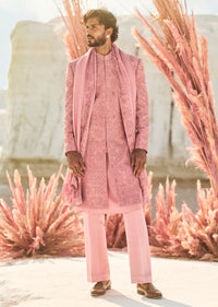 Pink Linen Sherwani Set With Sequin Work