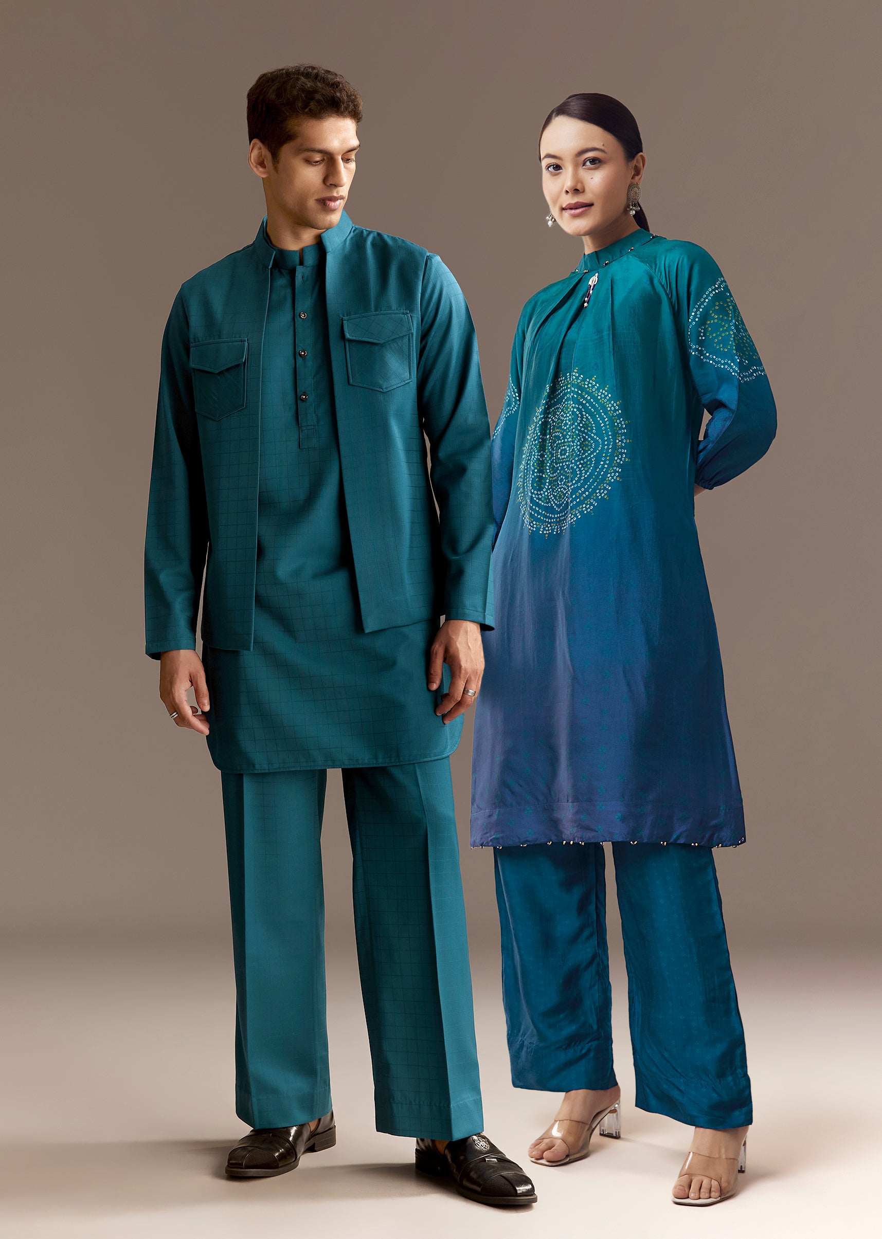 Contemporary Blue Festive Couple Set – Blue Ombre Silk Coord Set For Her And Blue Kurta Jacket Set For Him