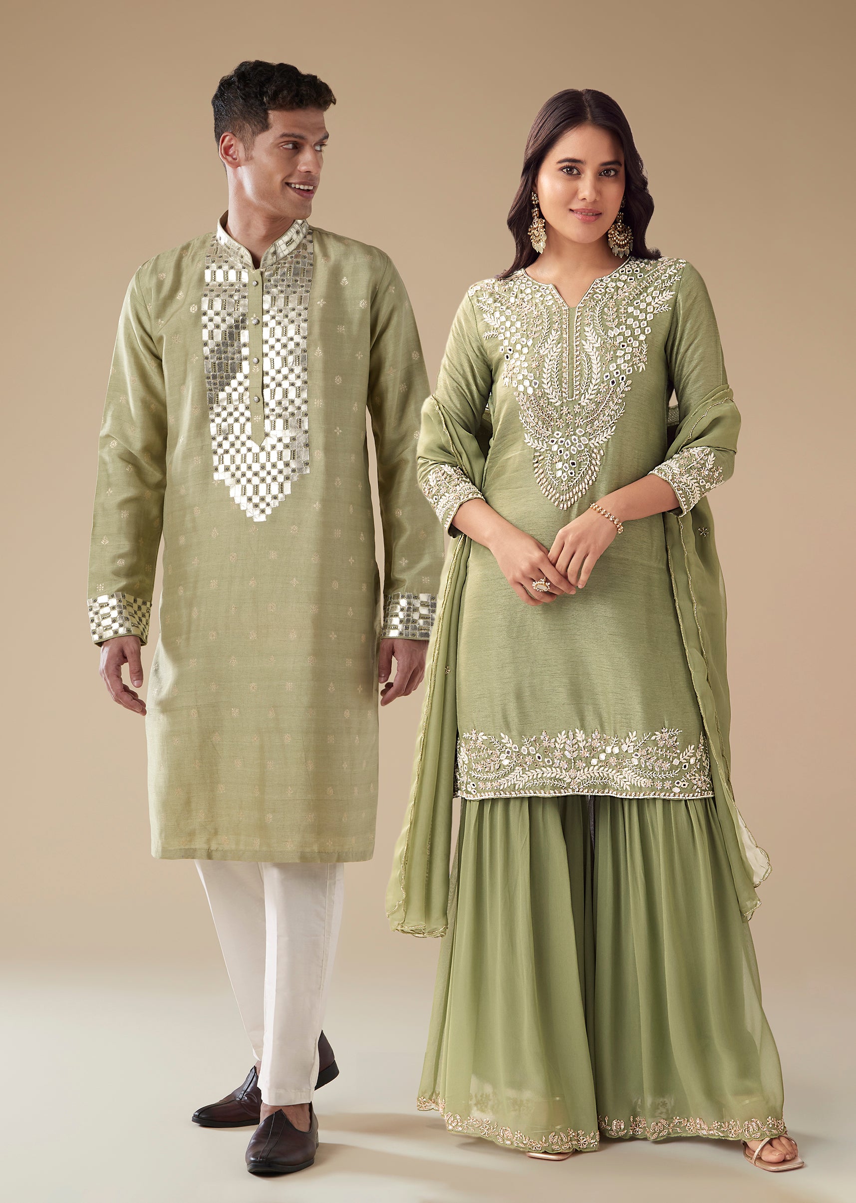 Pista Green Eid Pairing – Mirror Work Sharara Set For Her And Olive Silk Embellished Kurta Set For Him