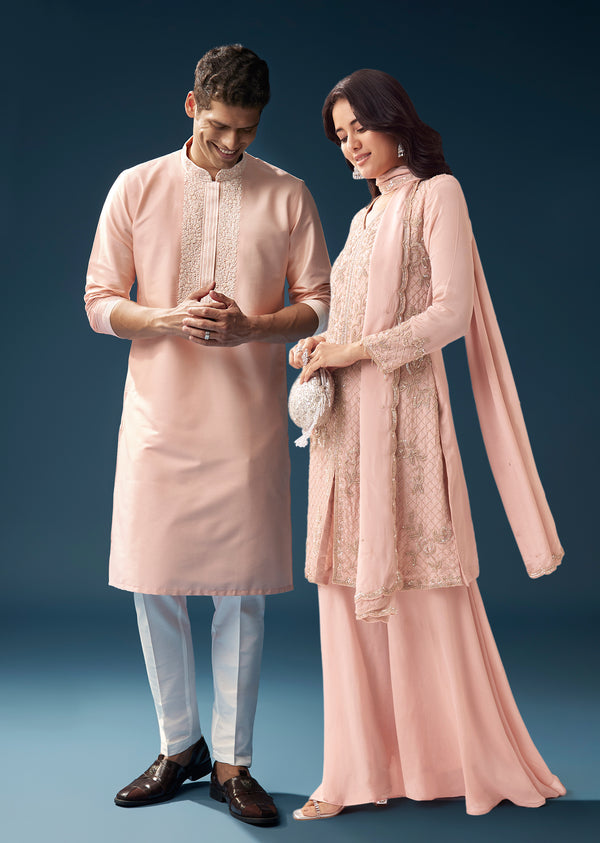 Pastel Pink Coordinated Look – Embellished Palazzo Suit For Her And Pink Chanderi Kashmiri Handwork Kurta For Him