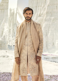Beige Tussar Intricately Embroidered Sherwani