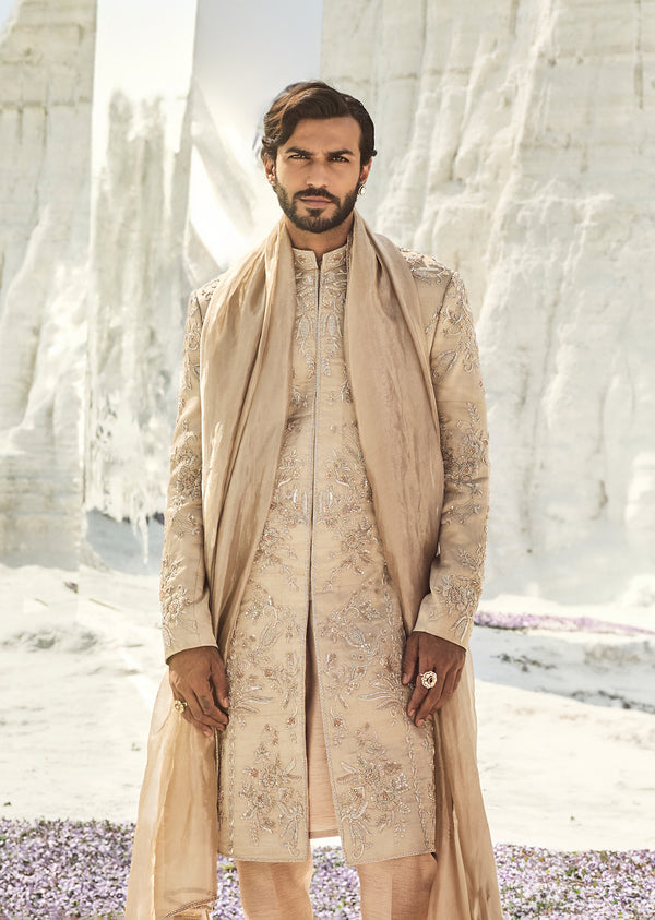 Beige Tussar Intricately Embroidered Sherwani