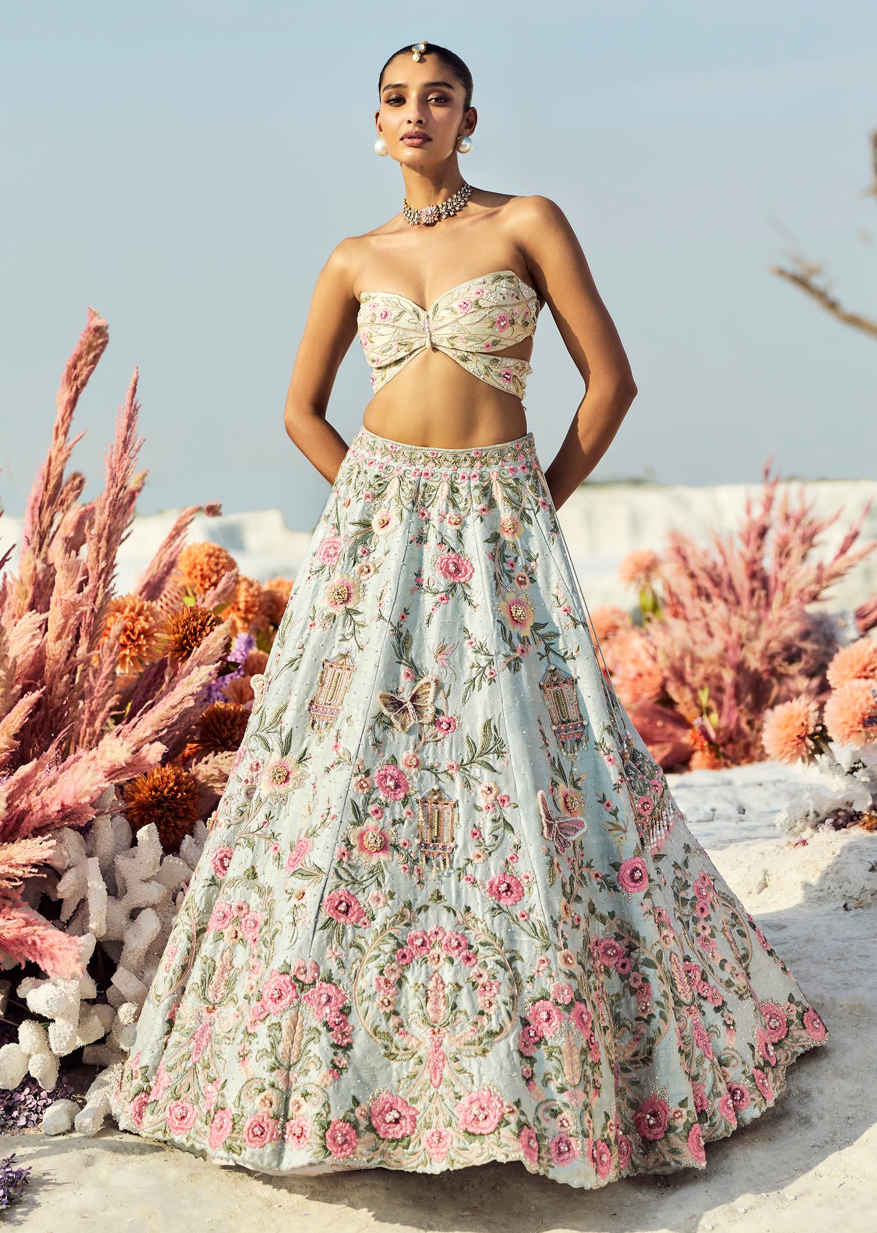Sky Blue Butterfly Blouse Lehenga Set