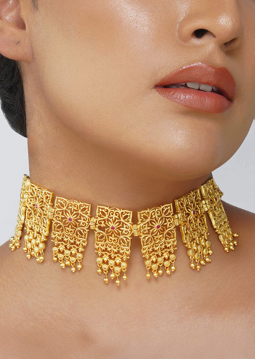 Antique Gold Mix Metal Zircon Choker Necklace - Main Image