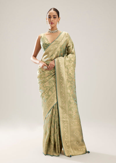 Aqua Blue Brocade Tissue Saree With Tassel Pallu