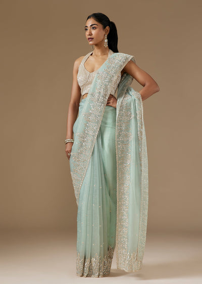 Aqua Blue Crush Tissue Saree With Cut Dana And Sequin Embroidered Border
