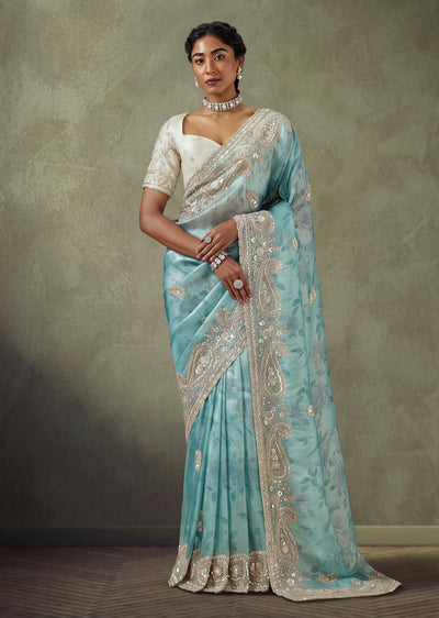 Aqua Blue Jacquard Saree With Cut Dana And Sequin Embellished Pallu