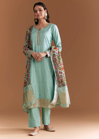 Aqua Blue Silk Embroidered Kurta Set With Kalamkari Floral Print Dupatta