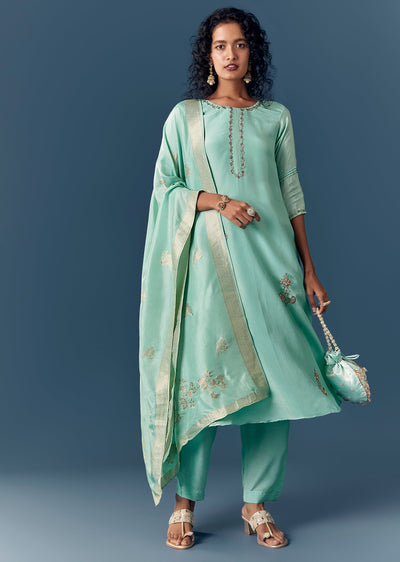 Aqua Blue Tissue Anarkali Set With Dupatta